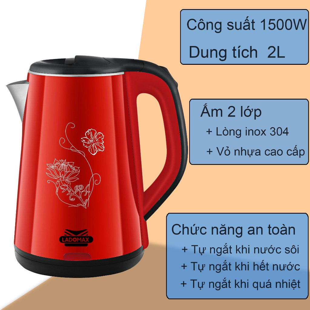 Ấm siêu tốc 2 lớp Ladomax HA-836 dung tích 2L, lòng ấm bằng inox 304, vỏ nhựa cách nhiệt an toàn cho gia đình có trẻ em