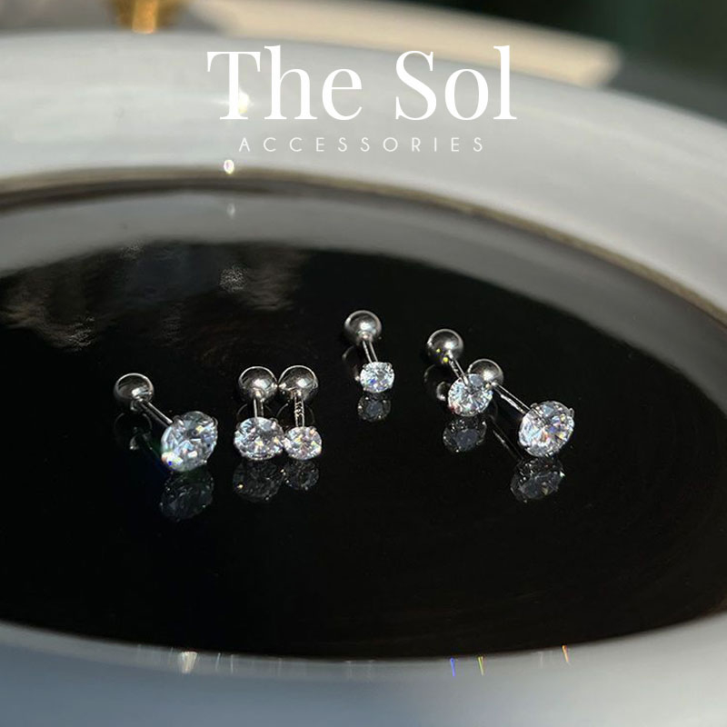 Khuyên Tai Thép Titan Đính Đá Siêu Sáng Hình Tròn Chuôi Bi thesol.accessories