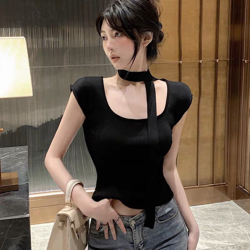 Áo Len Tay Cộc Trơn Mongtoghi Kèm Dây Quảng Châu, Dáng Basic, Hottrend, Freesize Dưới 58kg, Loại 1