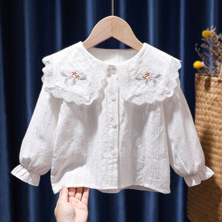 [SHOPEE VIDEO] Áo sơ mi trắng dài tay cổ bèo thêu hoa cho bé gái, chất thô mềm (Nhận order khi hết size)