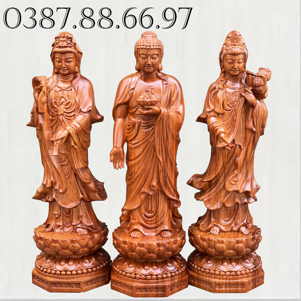 Bộ tượng gỗ tam thánh cao 40cm chất liệu gỗ hương nguyên khối