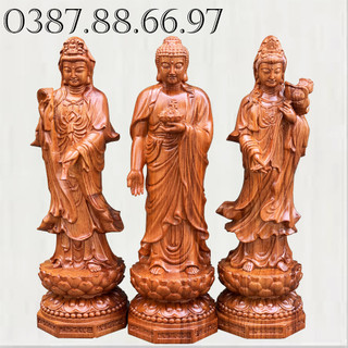 Bộ tượng gỗ tam thánh cao 40cm chất liệu gỗ hương nguyên khối