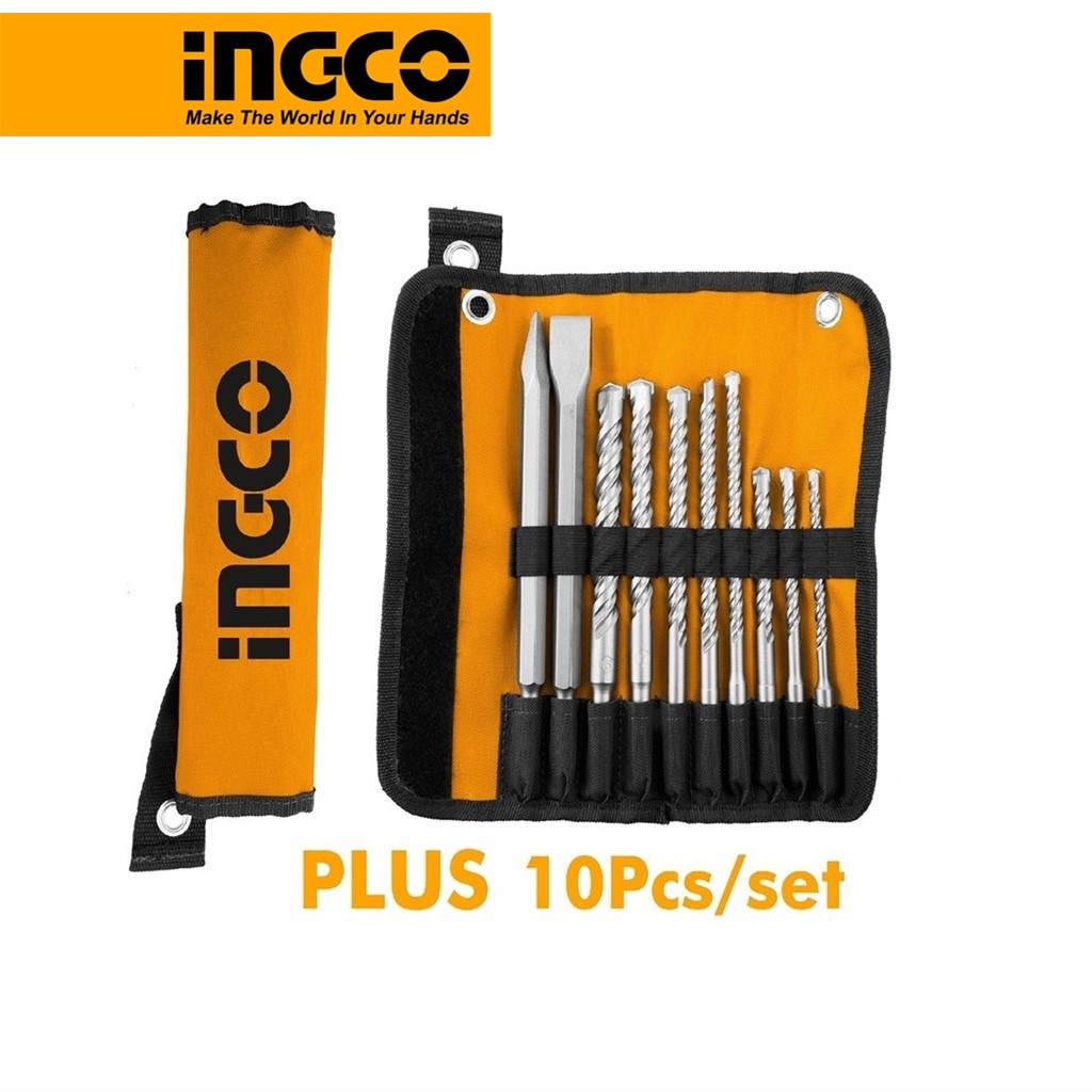 Bộ 10 mũi khoan bê tông đuôi gài SDS PLUS và 2 mũi đục Ingco AKD2102