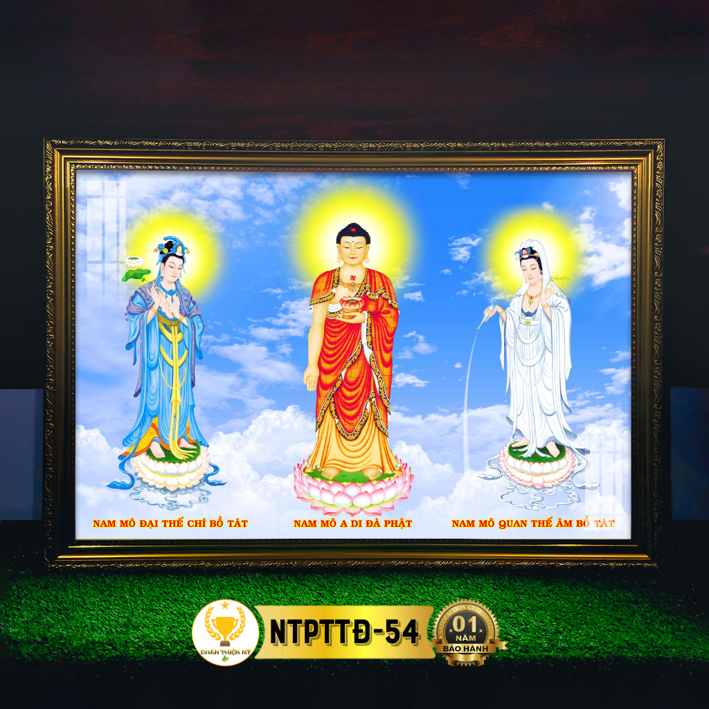 Tranh Tây Phương Tam Thánh Đứng Có Đèn CHÂN THIỆN MỸ, Treo Tường Trang Trí Bàn Thờ Phật, Treo Phòng Thờ NTPTTĐ-54