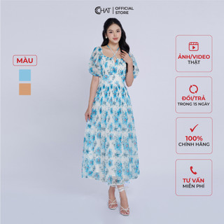  Đầm Nữ CCHAT Kiểu Nhún Tay Bồng Chun Eo Dáng Xòe Chất Voan Bay Bổng 13VNV4005XT 