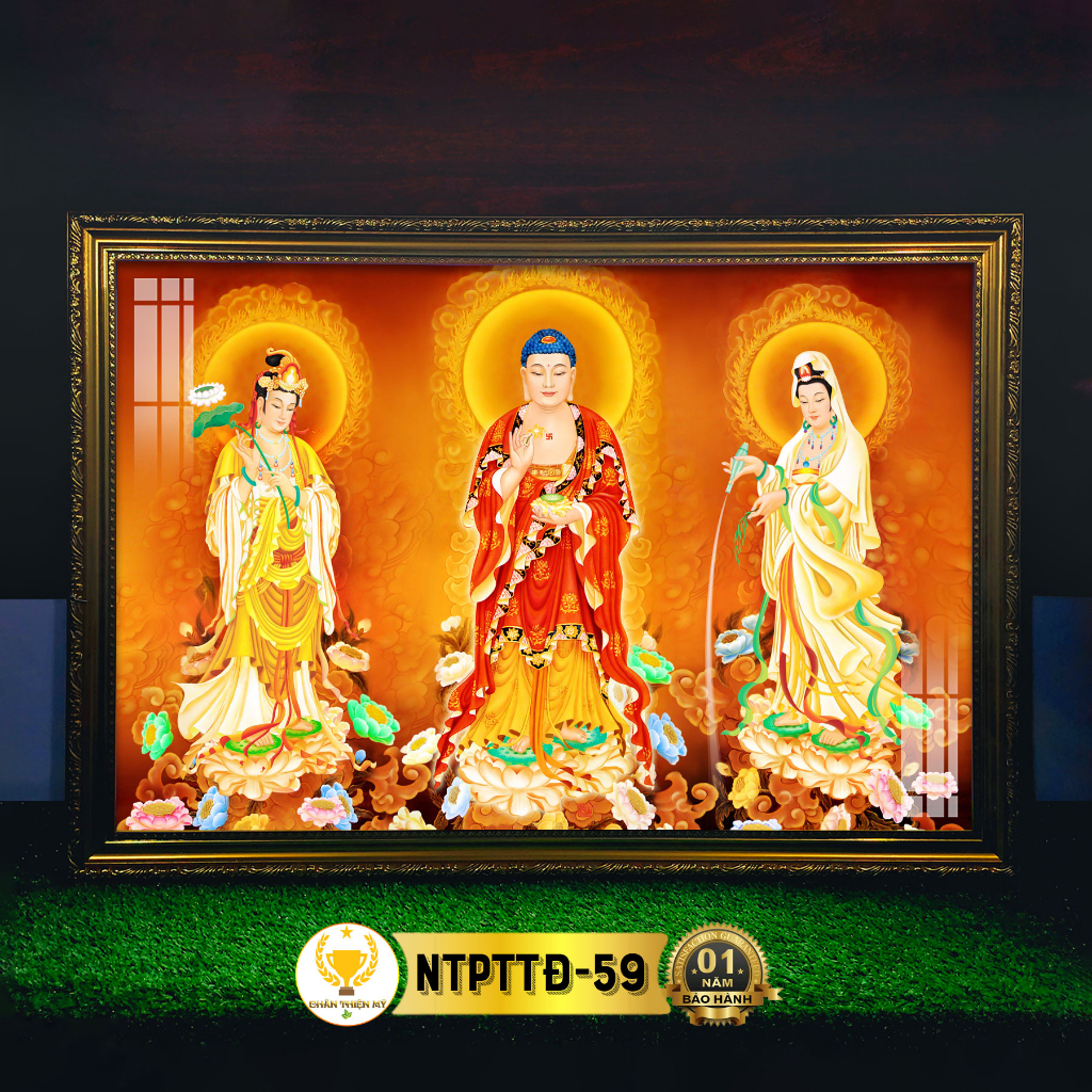 Tranh Treo Phòng Thờ Ta Bà Tam Thánh Đứng Có Đèn CHÂN THIỆN MỸ, Treo Tường Trang Trí Bàn Thờ Phật NTPTTĐ-59
