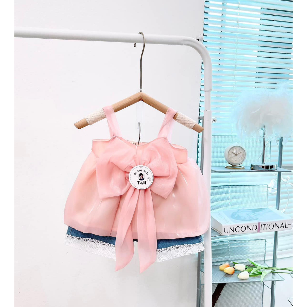 (7-18kg) Sét bộ áo 2 dây nơ voan tơ + quần jean phối ren xinh xắn cho bé SB079