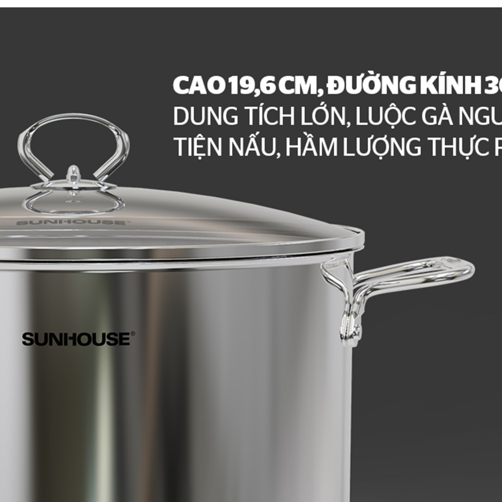 Nồi inox 1 lớp đáy, đáy từ. Chính hãng Sunhouse SHG115-30,32, Ninh, hầm, nấu đồ ăn.Chất liệu inox 430