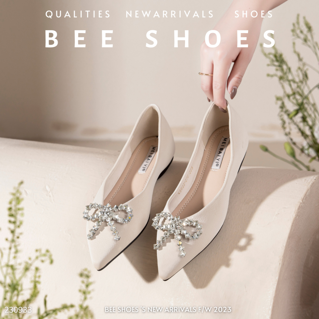 GIÀY BÚP BÊ BEESHOES NỮ MŨI NHỌN - GIÀY BÚP BÊ BỆT SẴN MÀU ĐEN - KEM 230933 FORM 1.5