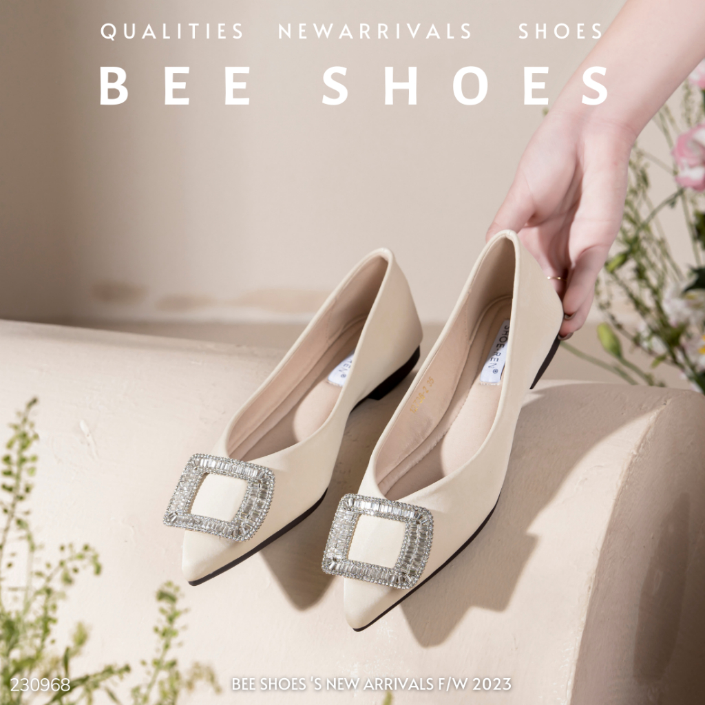 GIÀY BÚP BÊ BEESHOES NỮ MŨI NHỌN - GIÀY BÚP BÊ GÓT BỆT SẴN MÀU ĐEN - KEM 230968