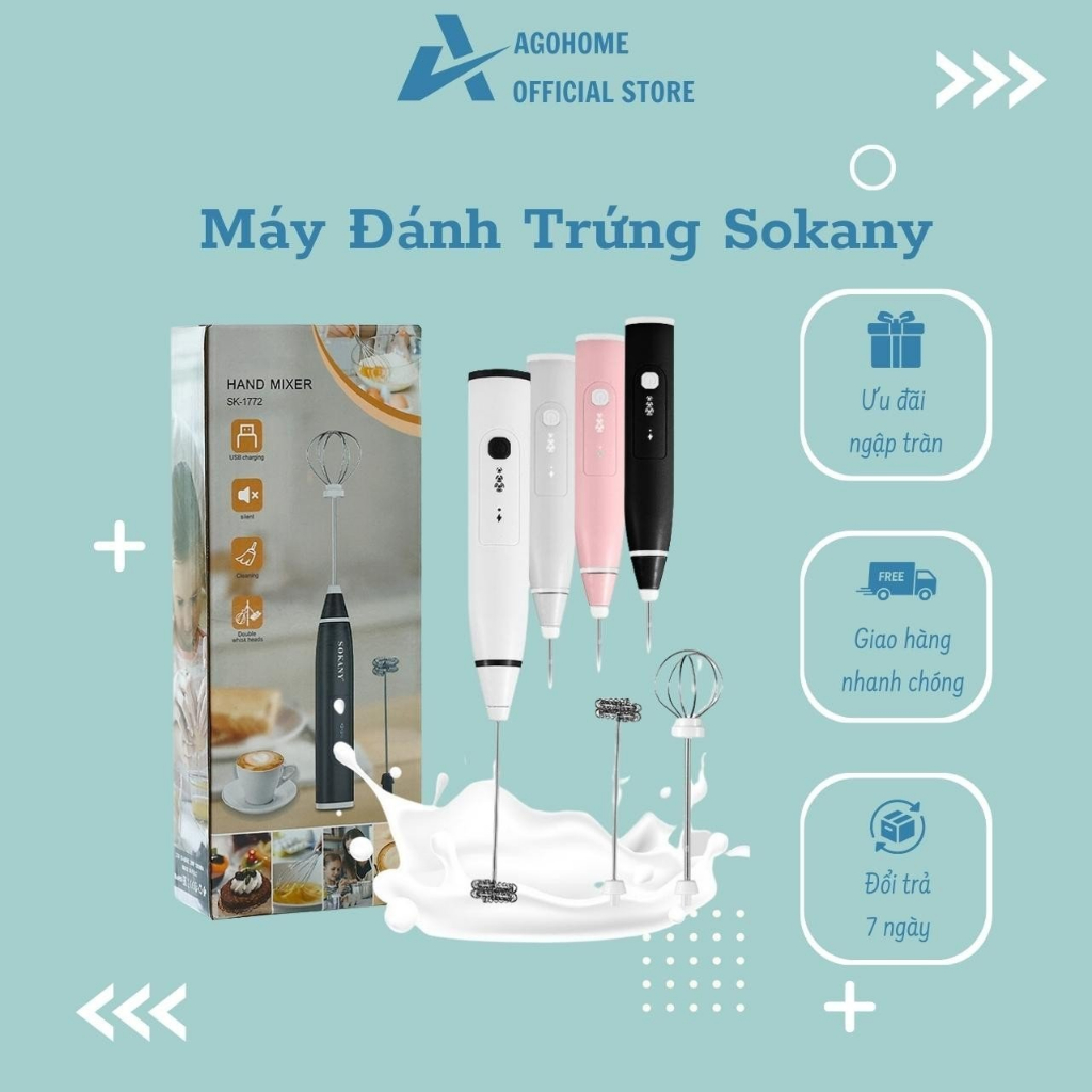 Máy Đánh Trứng Sokany Cầm Tay Agohome Không Dây Cao Cấp 3 Tốc Độ Hàng Chính Hãng
