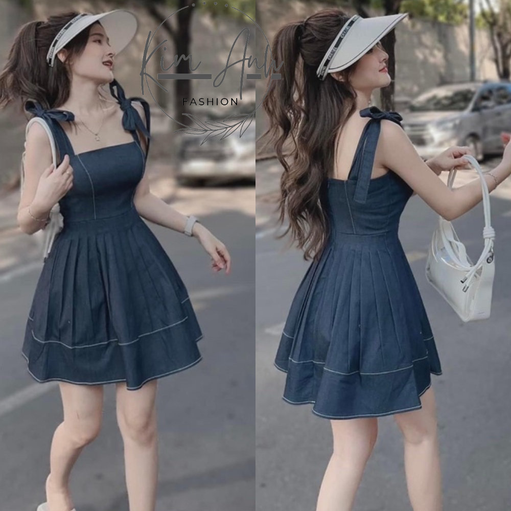 Váy 2 dây - Váy jean xếp ly cột nơ vai dáng xòe from ngắn, Lưng khóa xịn xò phù hợp cho nàng đi làm đi chơi đều xinh