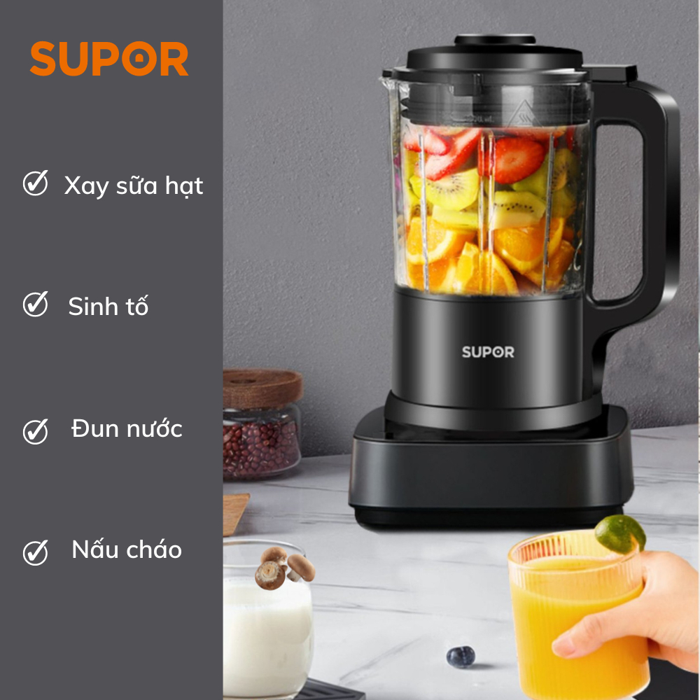 Máy làm sữa hạt, xay nấu đa chức năng SUPOR-SP301S lưỡi dao 8 sắc bén, cối thủy tinh, dung tích 1.2L