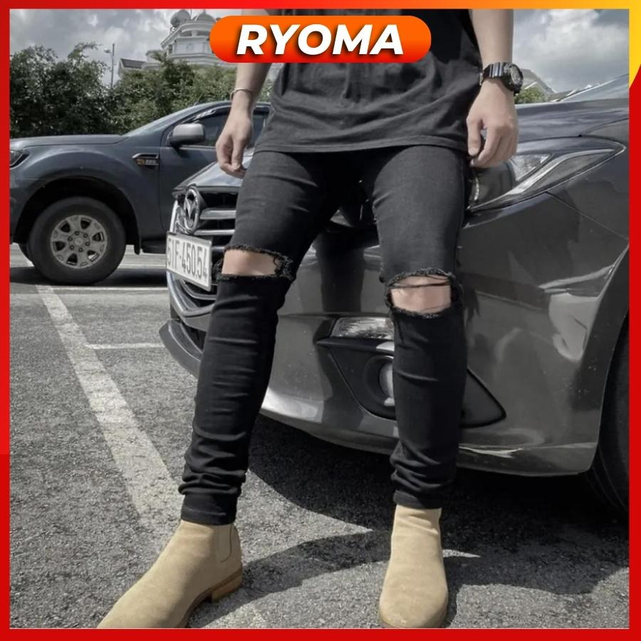 Quần jean nam rách khóa gối màu đen trơn chất liệu bò cao cấp co dãn 4 chiều form dáng skinny mẫu mới QJ_RYOMA
