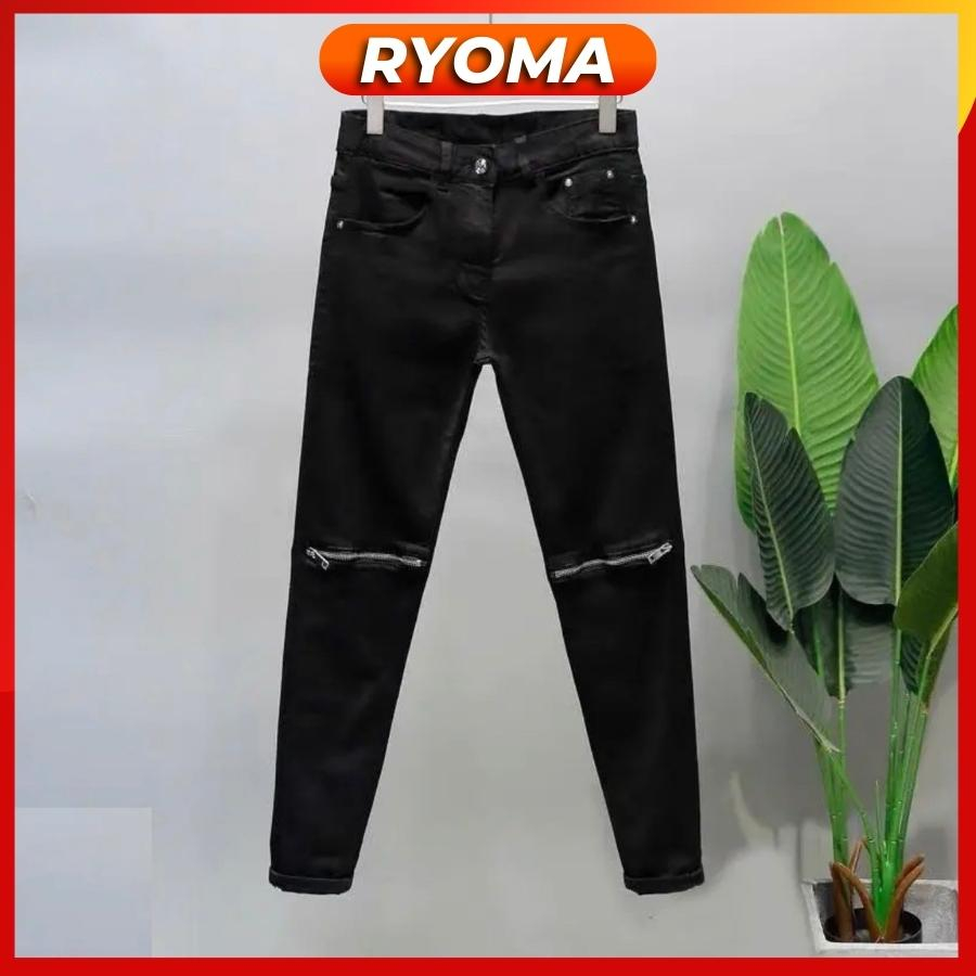 Quần jean nam rách khóa gối màu đen trơn chất liệu bò cao cấp co dãn 4 chiều form dáng skinny mẫu mới QJ_RYOMA