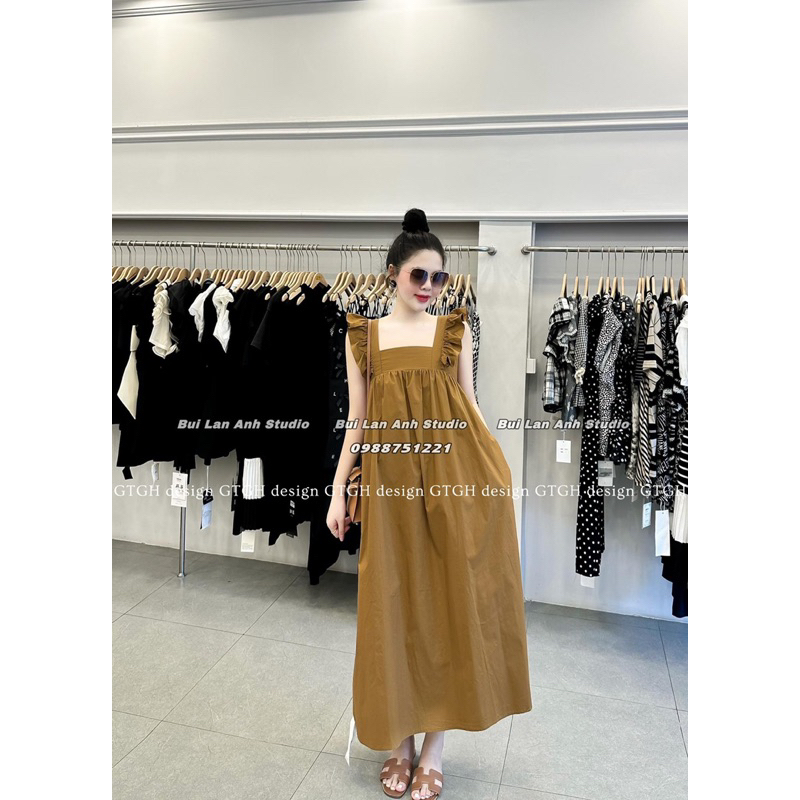Váy nâu tây tay bèo nơ lưng siêu trắng da tiểu thư