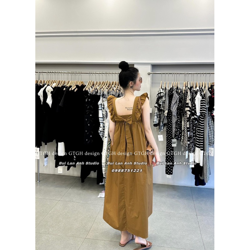 Váy nâu tây tay bèo nơ lưng siêu trắng da tiểu thư