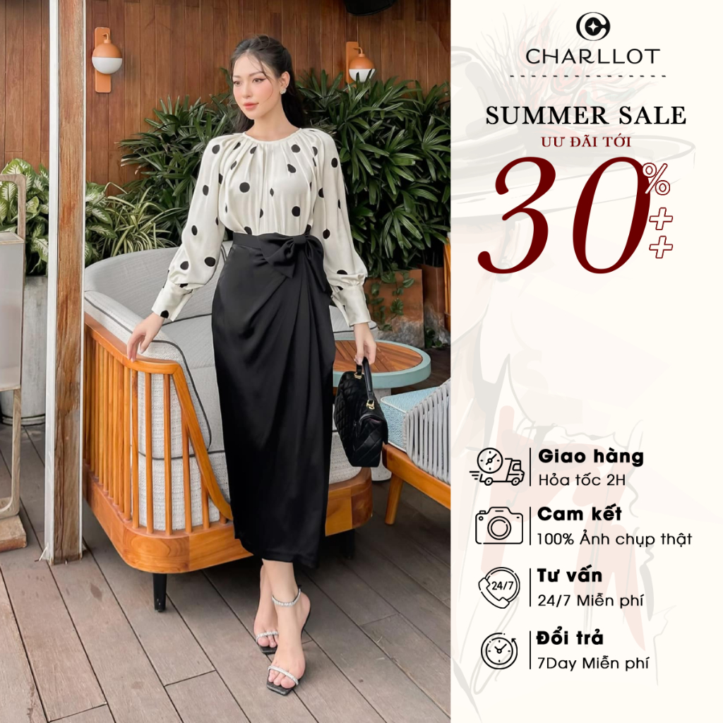 Set Đồ Nữ Áo Winy Chấm Bi Chân Váy Mixi Thắt Nơ Che Bụng Thiết Kế Cao Cấp CHARLLOT Sang Trọng Tôn Dáng Đi Làm CL48