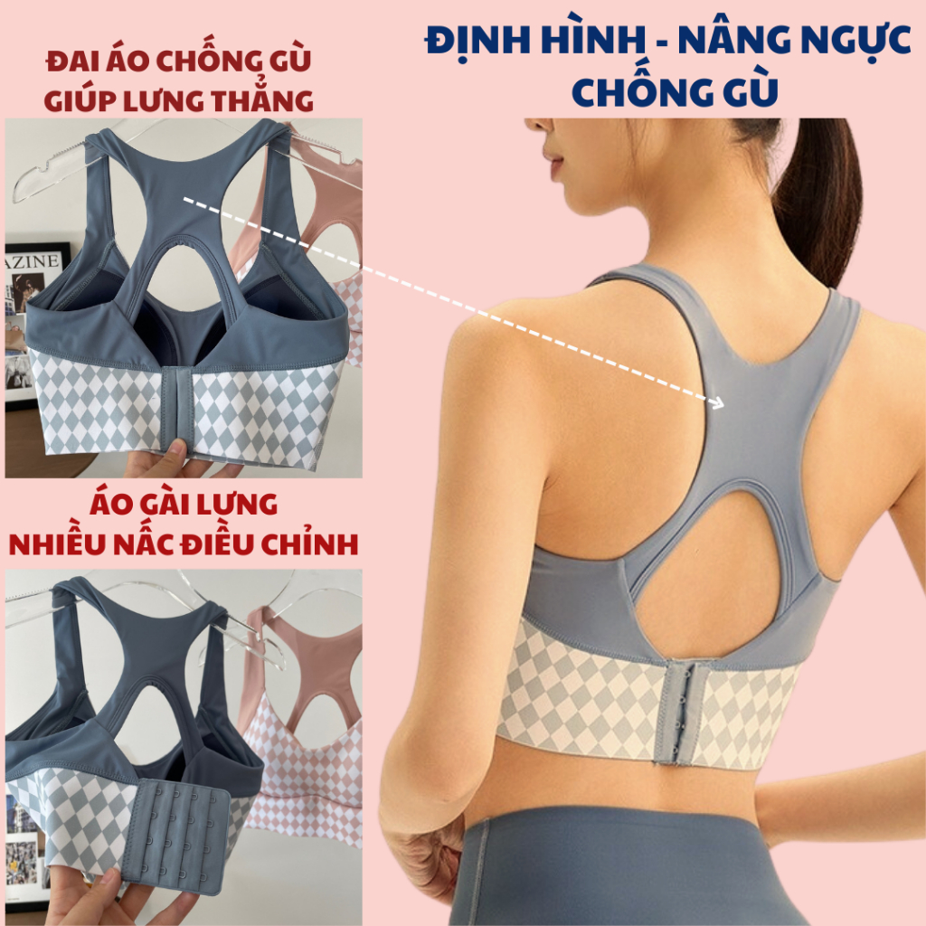 Áo tập gym, áo bra tập yoga hở lưng nâng ngực co dãn thấm hút mồ hôi họa tiết caro