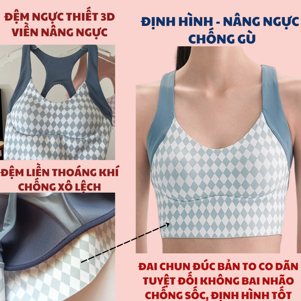 Áo tập gym, áo bra tập yoga hở lưng nâng ngực co dãn thấm hút mồ hôi họa tiết caro