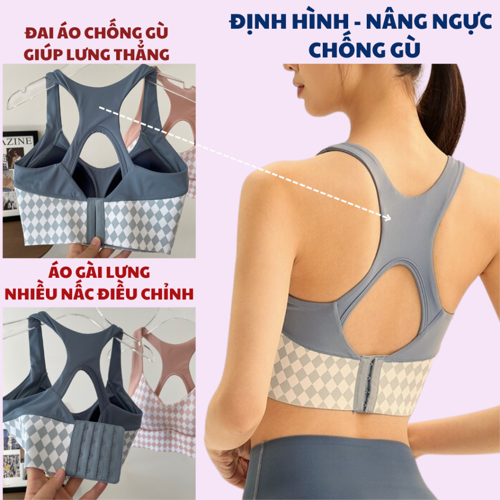 Áo tập gym, áo bra tập yoga hở lưng nâng ngực co dãn thấm hút mồ hôi họa tiết caro