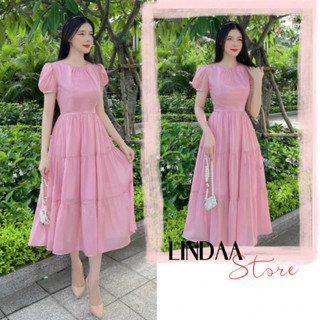 ĐẦM DỰ TIỆC MIDI TAY PHỒNG 3 TẦNG PINK H.DRESS
