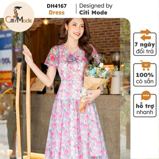 Đầm công sở CITI MODE FASHION thiết kế xoè hoa hồng cổ tim đính hoa DH4167