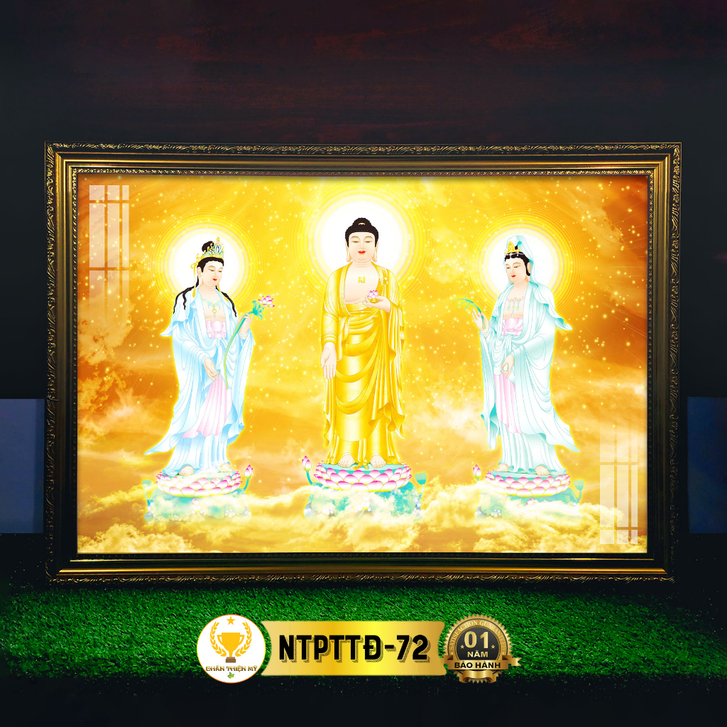 Tranh Thờ Tam Thánh Phật Đứng Có Đèn CHÂN THIỆN MỸ, Trang Trí Bàn Thờ Treo Tường Cùng Tượng Phật NTPTTĐ-72