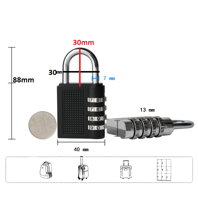 Ổ Khóa Mã Số Xoay 4 Vòng, Ổ Khóa Mật Mã Không Cần Chìa Mạ Inox Chịu Được Nước 2 Màu Đen Bạc