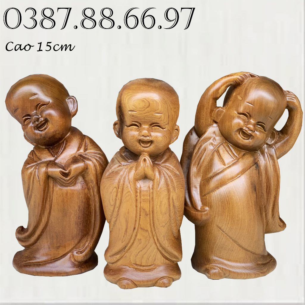 Bộ tượng chú tiểu tam tâm cao 15cm chất liệu gỗ bách xanh