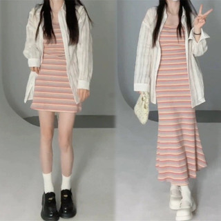 (ORDER) Váy hai dây ôm body dáng ngắn/dài kẻ sọc ngang màu hồng điệu đà ngọt ngào gợi cảm