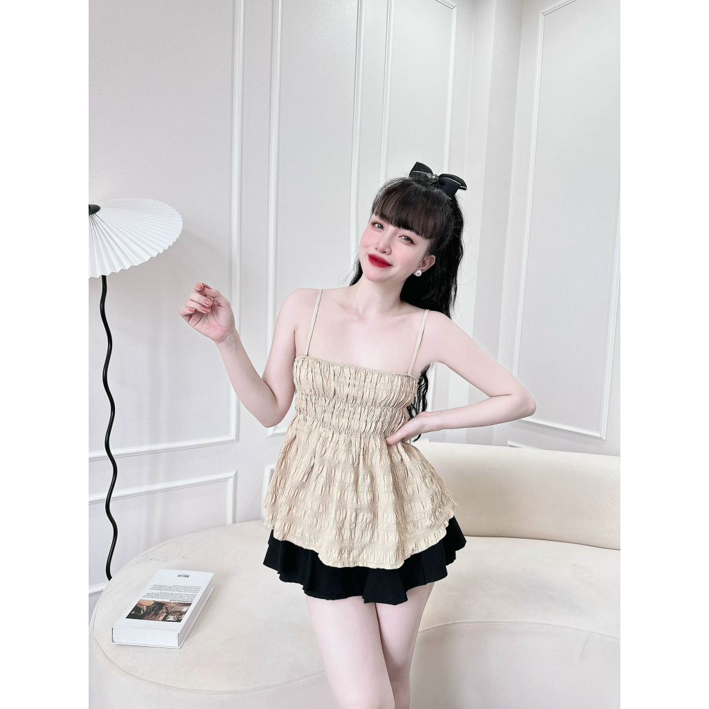 Set đồ Nữ -Set Bộ Áo 2 Dây Dún Ngực Quần Short Ngắn Bèo Lai dễ Thương Freesize Dưới 57kg