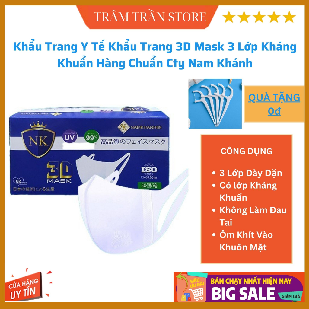 Khẩu Trang Y Tế Khẩu Trang 3D Mask 3 lớp kháng khuẩn hàng chuẩn cty Nam Khánh (Quà Tặng)