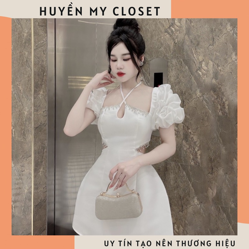 Đầm dự tiệc nữ váy tafta tay bồng đính đá hở eo cực sang chảnh hàng thiết kế