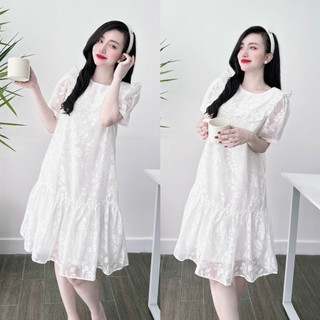 Đầm Suông NHISTORE Tay Phồng Cổ Bèo Vải Voan Tơ  2 Lớp Freesize Dưới 57kg