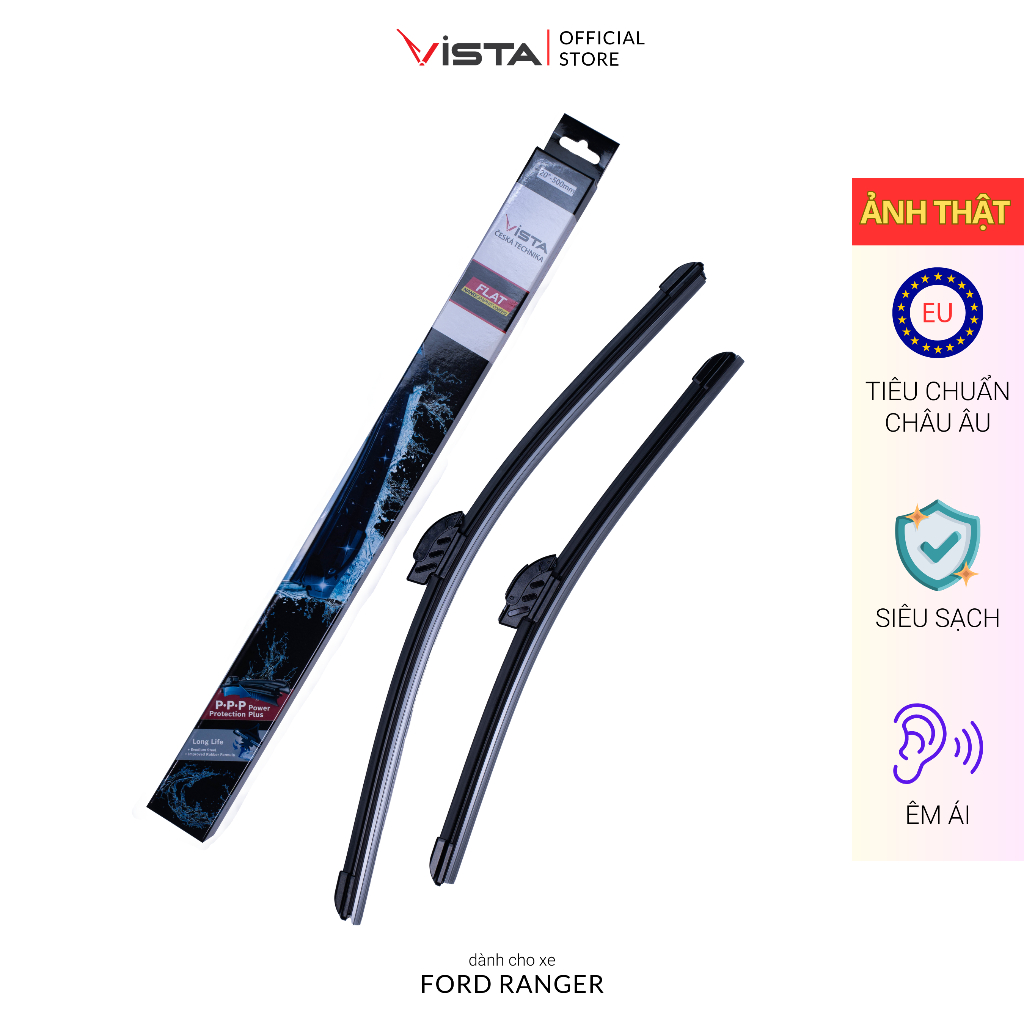 Gạt Mưa Cho Xe Ford Ranger Thương Hiệu VISTA - Thân Mềm Lưỡi Silicon - Tiêu Chuẩn Châu Âu - Siêu Sạch - Siêu Bền - Êm Ái