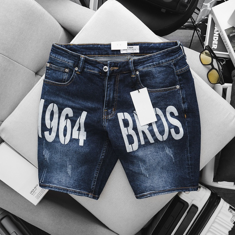 Quần short nam jean slimfit ôm vừa xuất xịn co giãn in chữ xanh đậm