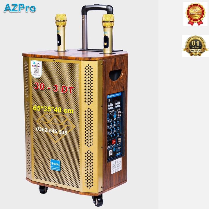 Loa kéo Bluetooth chính hãng AZPRO,AZ-2206-A Bass 30-3 đường tiếng,mạch Reverb 10 núm chỉnh,thùng gỗ cao cấp-Tặng 2 mic