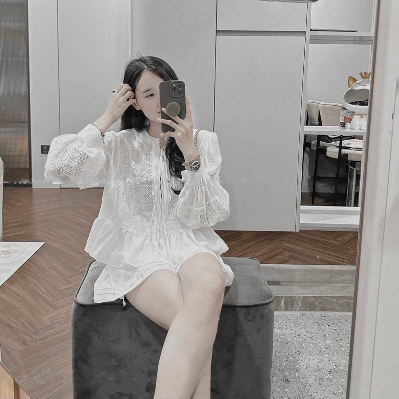 Set áo babydoll hoa thêu trắng