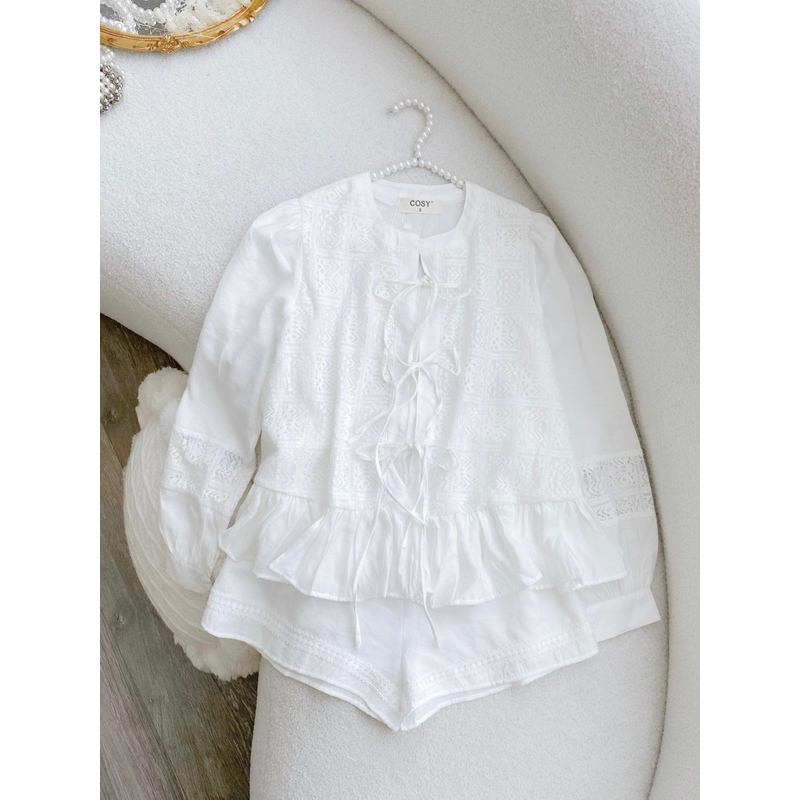 Set áo babydoll hoa thêu trắng