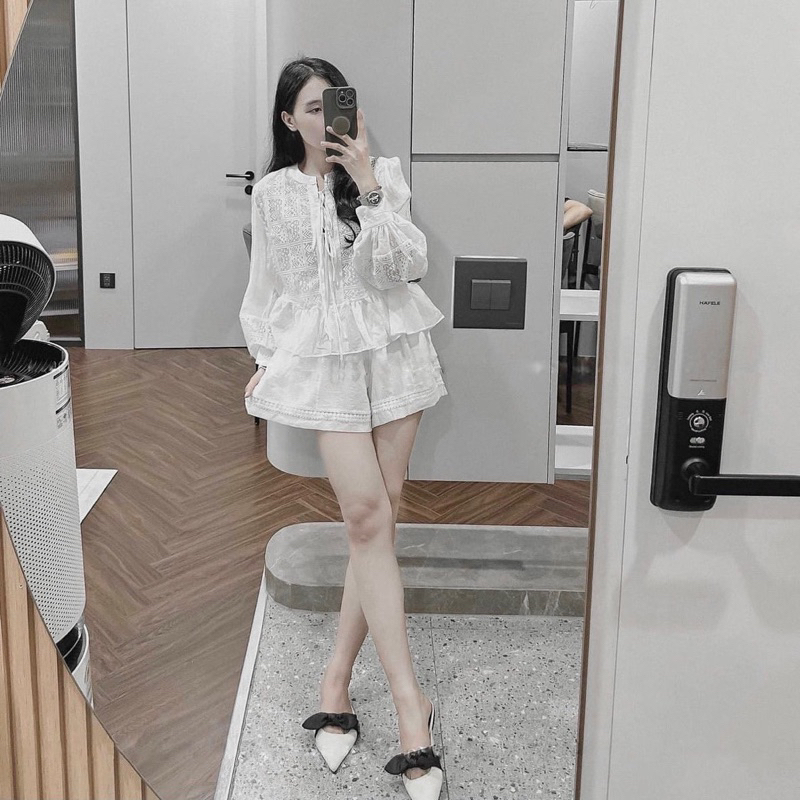 Set áo babydoll hoa thêu trắng
