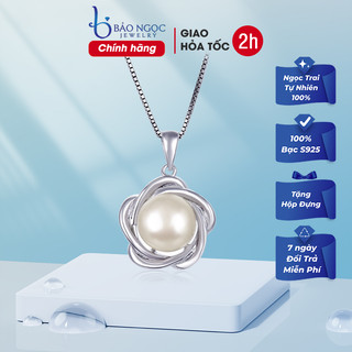 Dây chuyền nữ bạc s925 hoa khảm ngọc trai thiên nhiên nuôi 9mm xi vàng trắng sang trọng BNT623 - Bảo Ngọc Jewelry