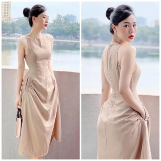 Đầm kem cổ tròn 2 túi (kèm hình thật)