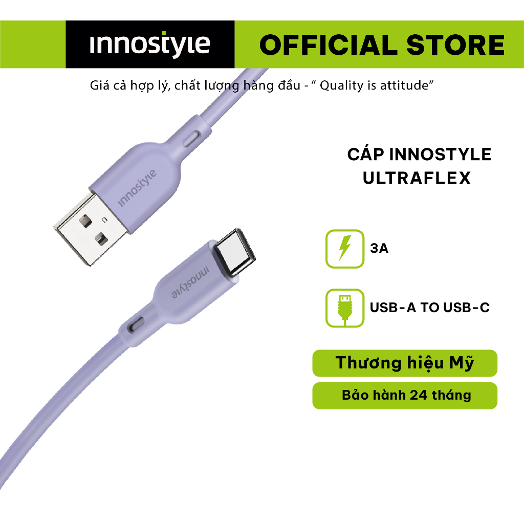 Cáp Innostyle Ultraflex USB-A to USB-C 1m5 - Hỗ trợ sạc công suất 3A, độ bền cao