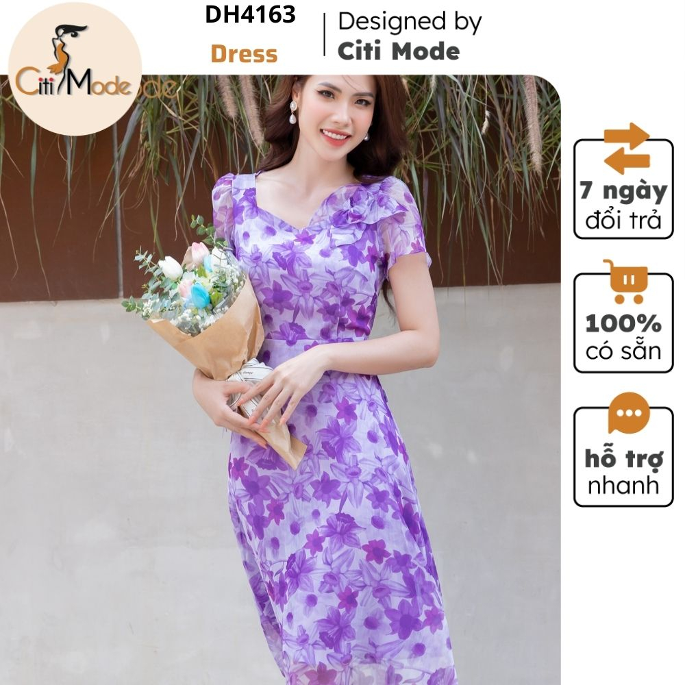 Đầm công sở CITI MODE FASHION thiết kế xoè hoa tím cổ V đính hoa DH4163