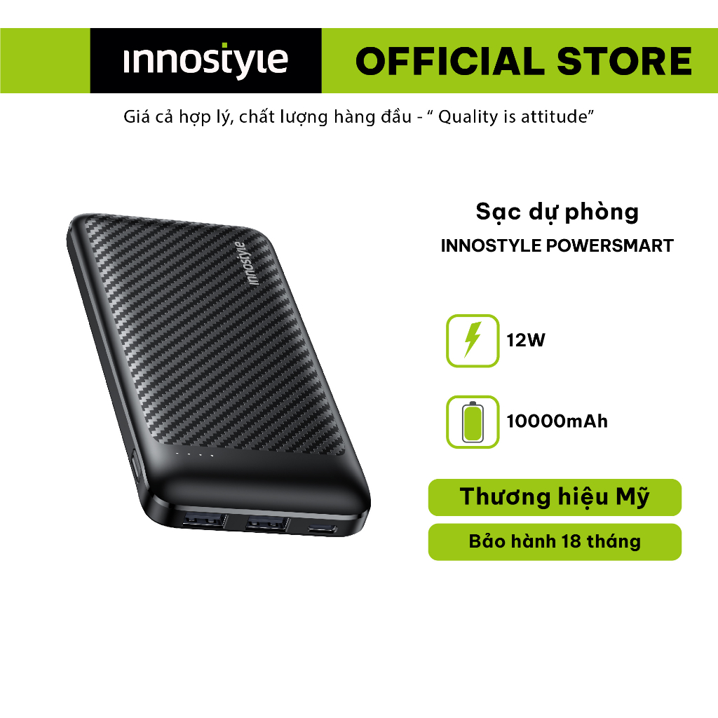 Pin Sạc Dự Phòng Innostyle Powersmart 10000MAH 12W IP12SA - Công suất sạc 12W, dung lượng cao