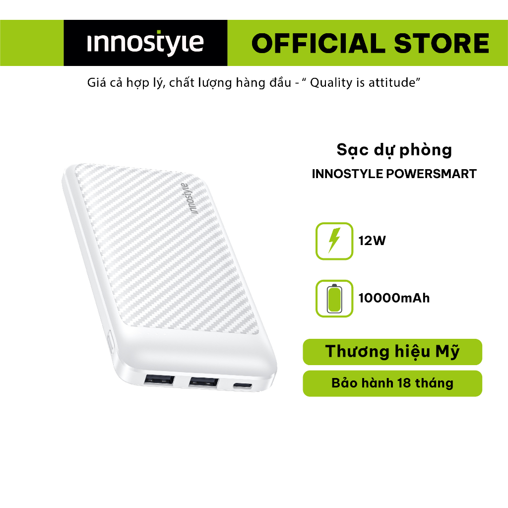 Pin Sạc Dự Phòng Innostyle Powersmart 10000MAH 12W IP12SA - Công suất sạc 12W, dung lượng cao