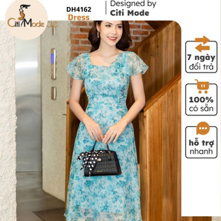 Đầm công sở CITI MODE FASHION thiết kế xoè hoa xanh cổ lệch đính hoa DH4162