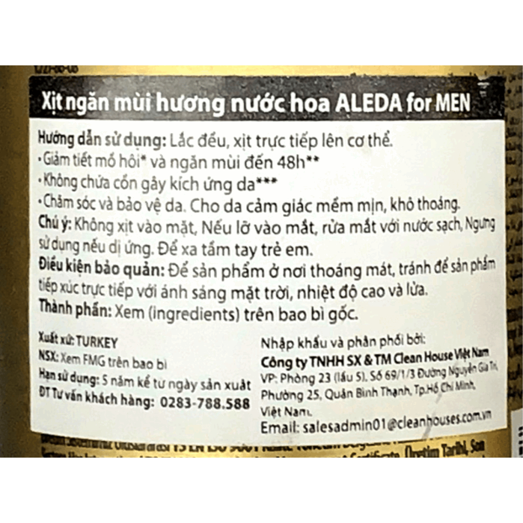 Xịt ngăn mùi hương nước hoa Aleda For Men Air Force 200ml