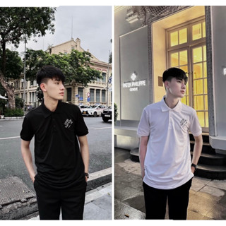Áo polo nam boy phố có hoạ tiết thêu chữ đơn giản hai màu đen trắng cotton gai co dãn thời trang BT